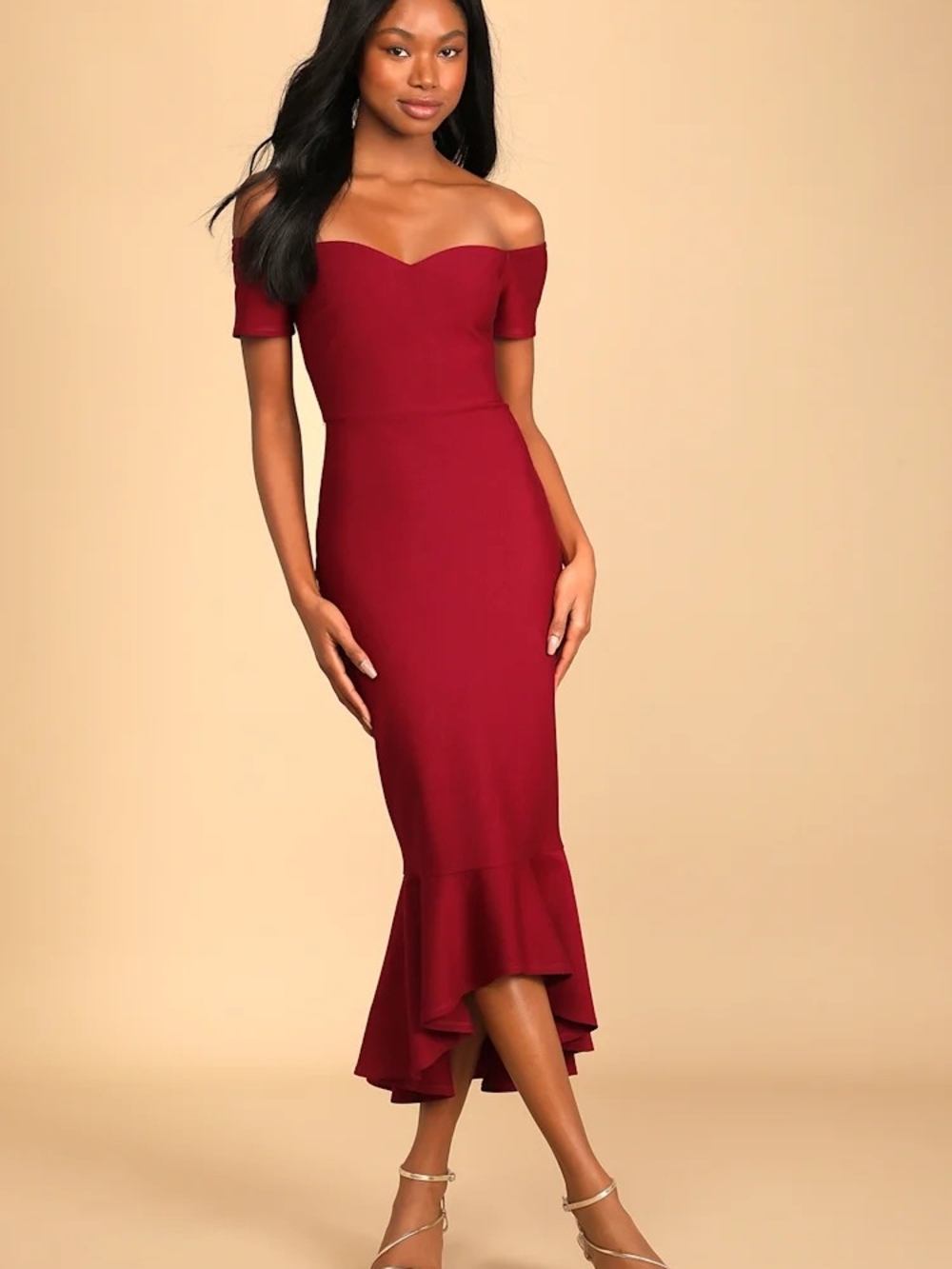 Off-Shoulder Burgundy Mermaid Midi Dress